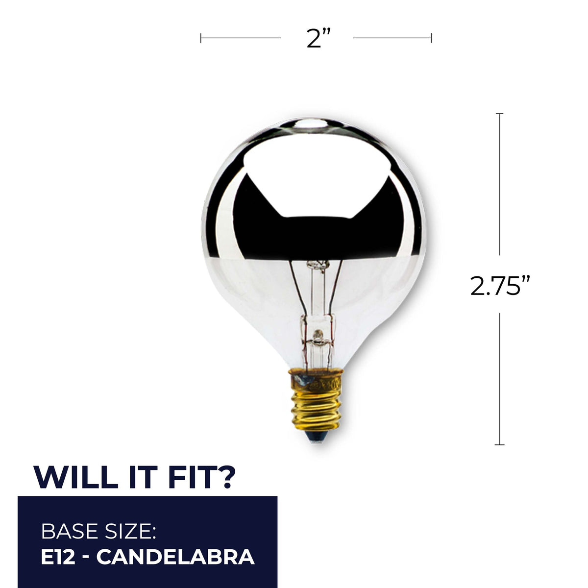 Bulbrite 40W Incandescent G16.5 Globe Bulb, Half Chrome Dimmable Candelabra Screw Base (E12) Warm White Light Bulb (, 25-Pack