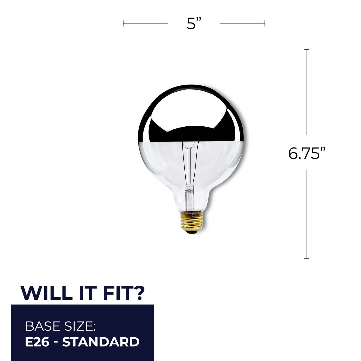 Bulbrite 60W Dimmable Half Chrome G40 Incandescent Light Bulbs with E26 Medium Base, 2700K Warm White Light, 6-Pack