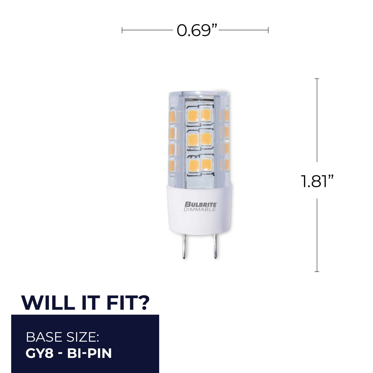 Bulbrite LED Mini T4 Dimmable Bi – Pin Base (GY8) Light Bulb 40W Equivalent 2700K, Clear 2-Pack