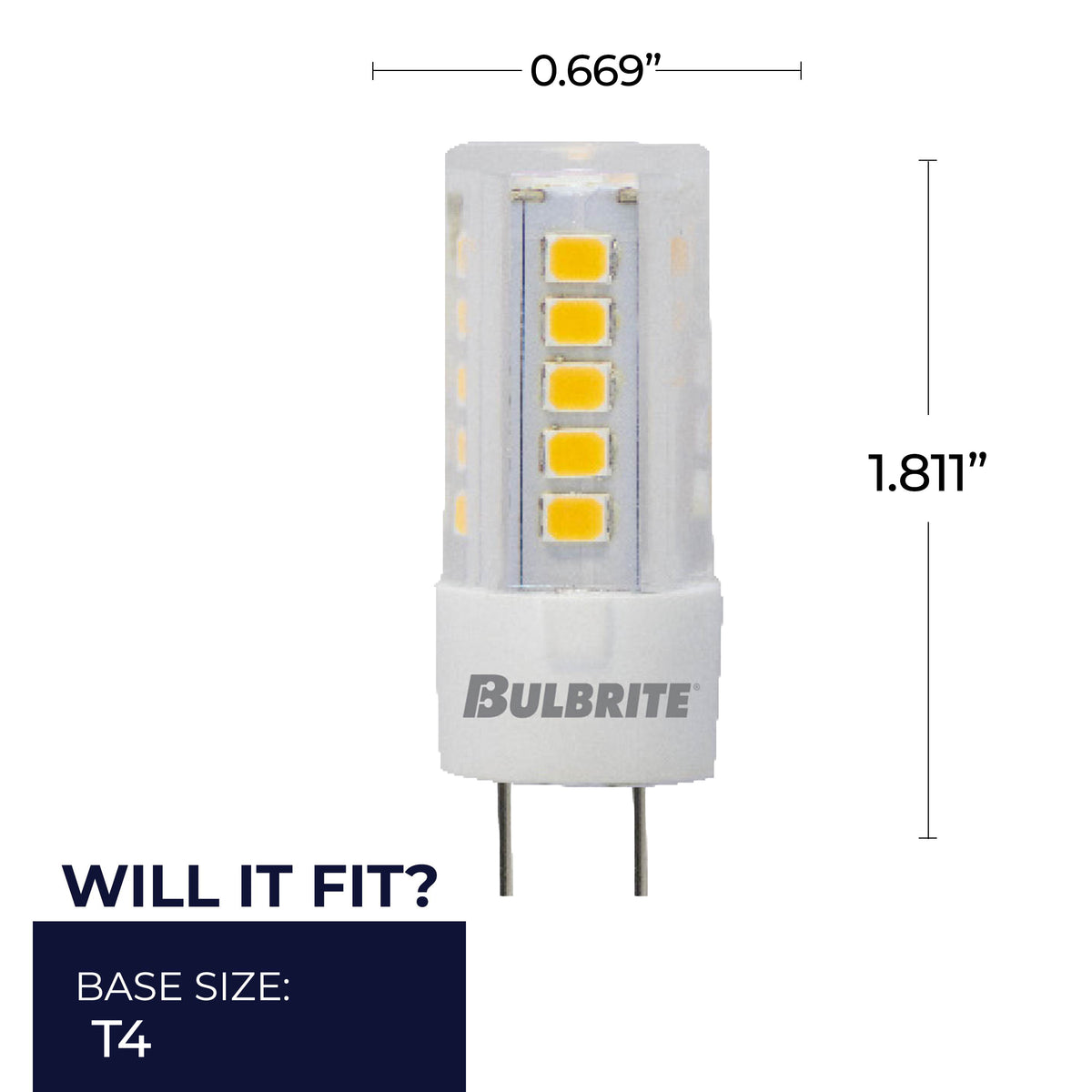 Bulbrite T4 Miniature LED Light Bulb, 4.5W, 40W Equivalent, 2700K, G4 Base, Clear Finish, 2-Pack