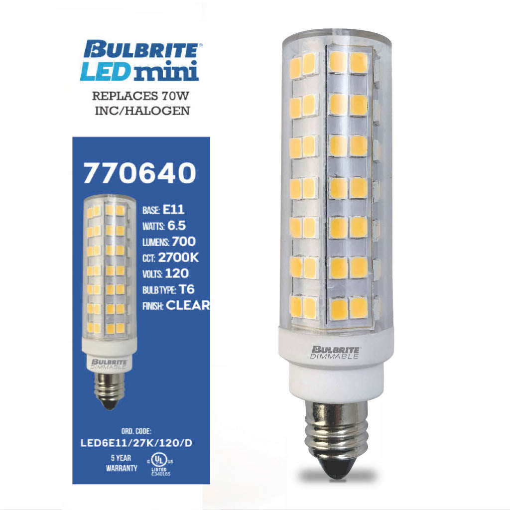 Bulbrite 6.5W 120V Dimmable Clear T6 LED Mini Light Bulbs with Mini – Candelabra (E11) Base, 2700K Warm White Light, 700 Lumens, 2-Pack