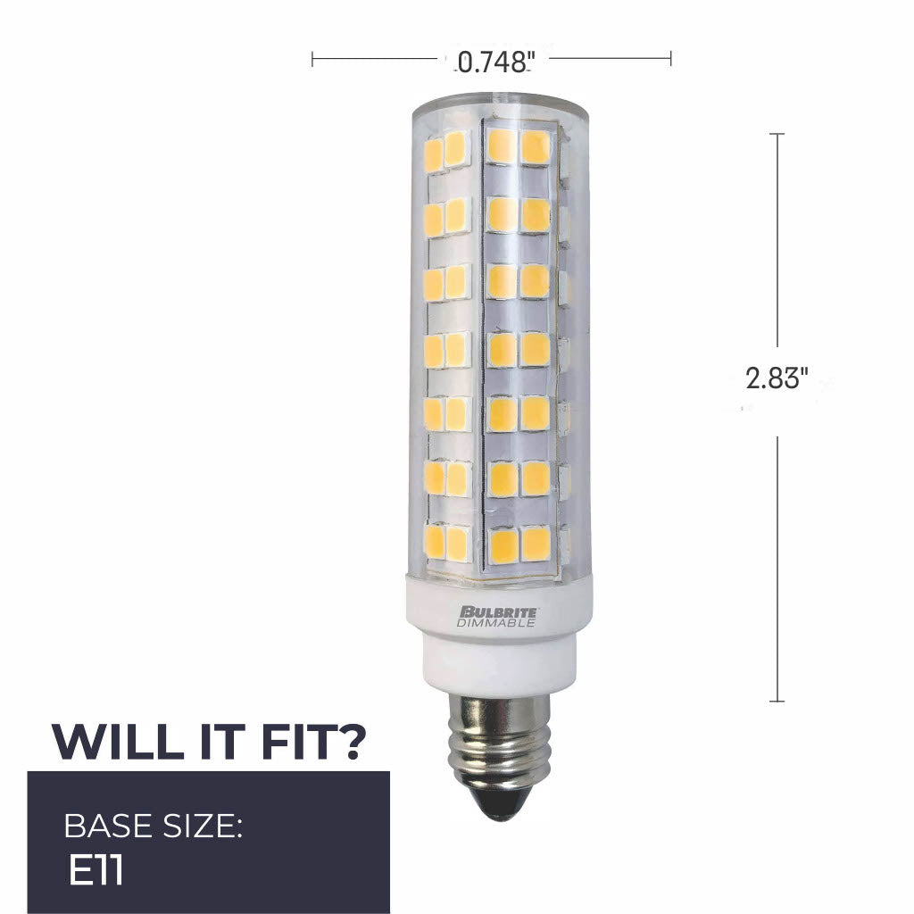 Bulbrite 6.5W 120V Dimmable Clear T6 LED Mini Light Bulbs with Mini – Candelabra (E11) Base, 2700K Warm White Light, 700 Lumens, 2-Pack