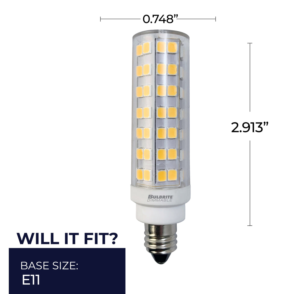 Bulbrite T6 Miniature LED Light Bulb, 6.5W, 70W Equivalent, 3000K, E11 Base, Clear Finish, Dimmable, 2-Pack