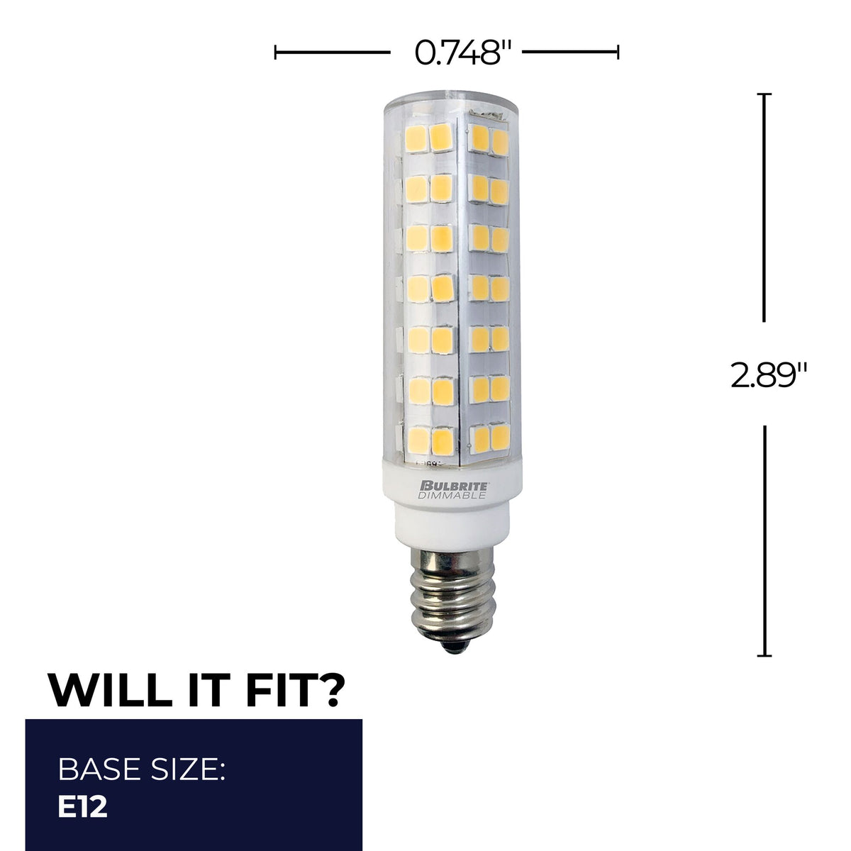 Bulbrite 6.5W 120V Dimmable Clear T6 LED Mini Light Bulbs with E12 Candelabra Base, 2700K Warm White Light, 700 Lumens, 2-Pack