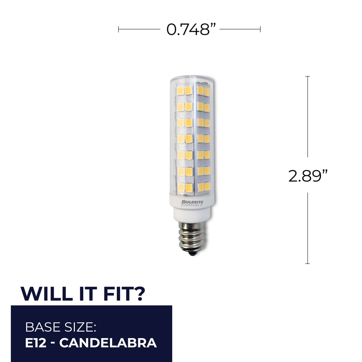 Bulbrite 6.5W 120V Dimmable Clear T6 LED Mini Light Bulbs with E12 Candelabra Base, 3000K Soft White Light, 700 Lumens, 2-Pack