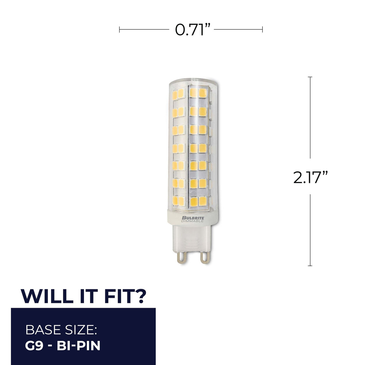 Bulbrite T6 Miniature LED Light Bulb, 6.5W, 70W Equivalent, 2700K, G9 Base, Clear Finish, Dimmable, 2-Pack