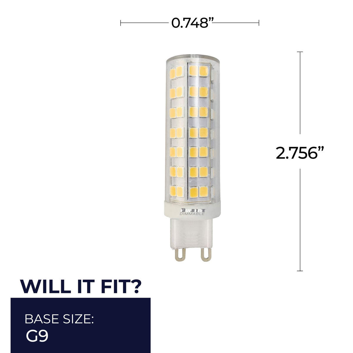 Bulbrite T6 Miniature LED Light Bulb, 6.5W, 70W Equivalent, 3000K, G9 Base, Clear Finish, Dimmable, 2-Pack