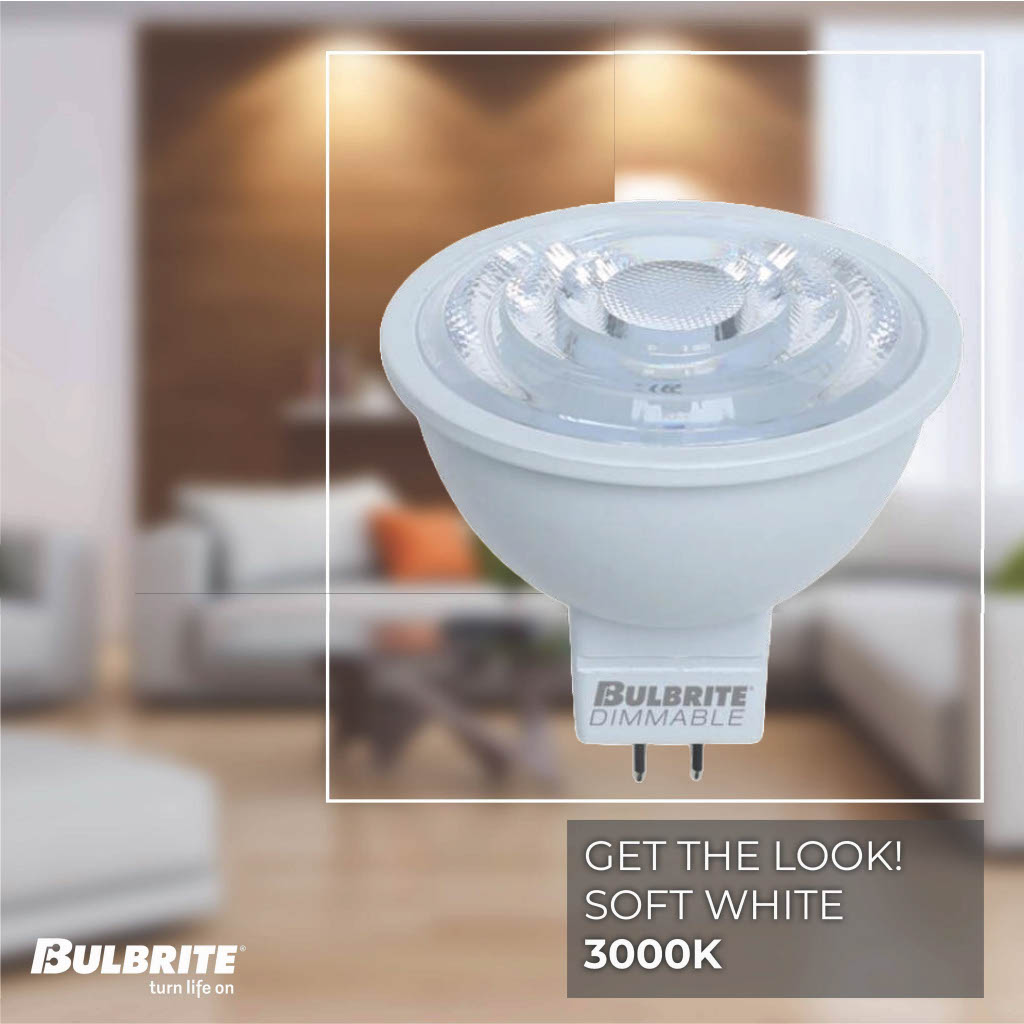 Bulbrite MR16 LED Light Bulb, 6W, 50W Equivalent, 3000K, GU5.3 Base, White Finish, Dimmable, 4-Pack