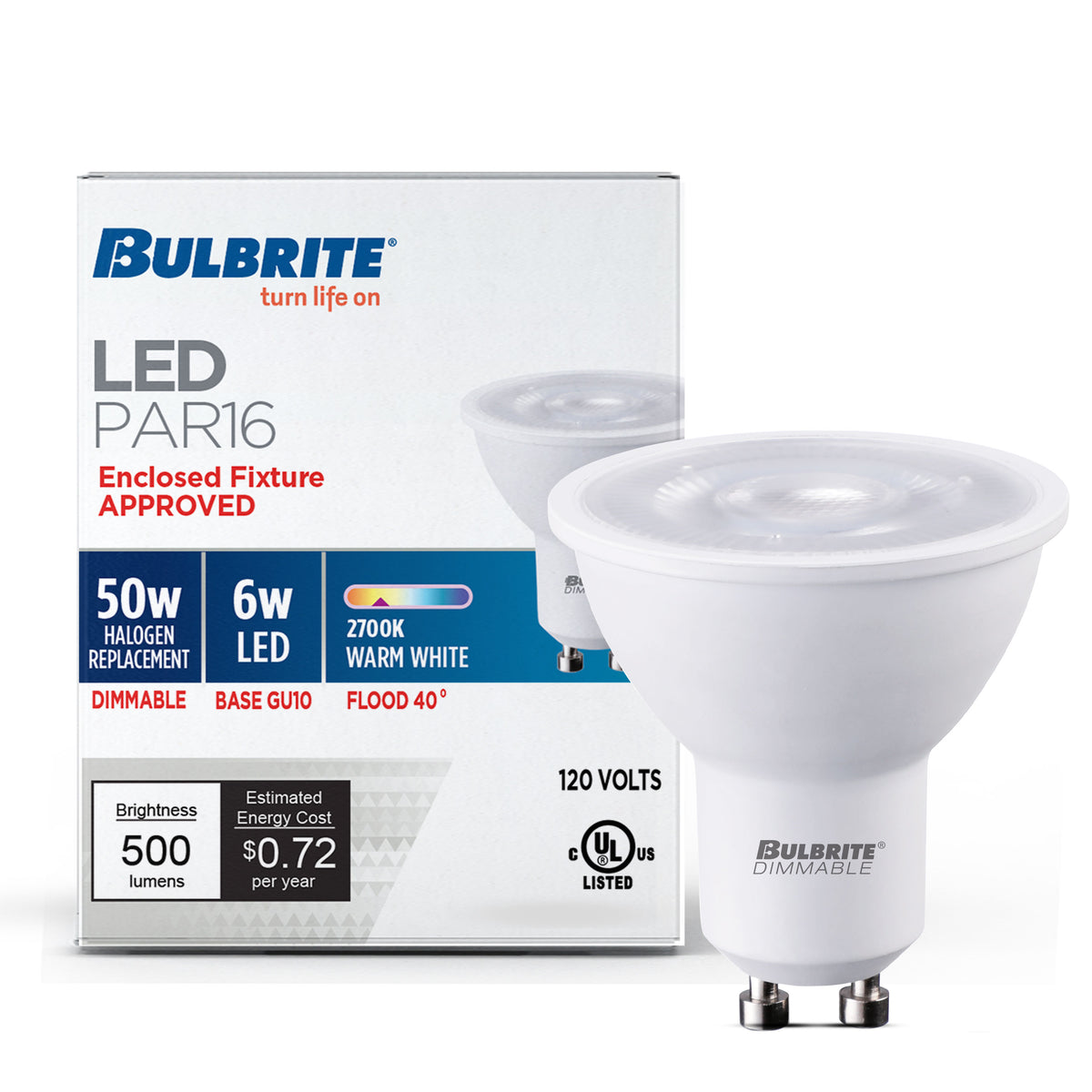 Bulbrite PAR16 LED Light Bulb, 6W, 50W Equivalent, 2700K, GU10 Base, White Finish, Dimmable, 2-Pack