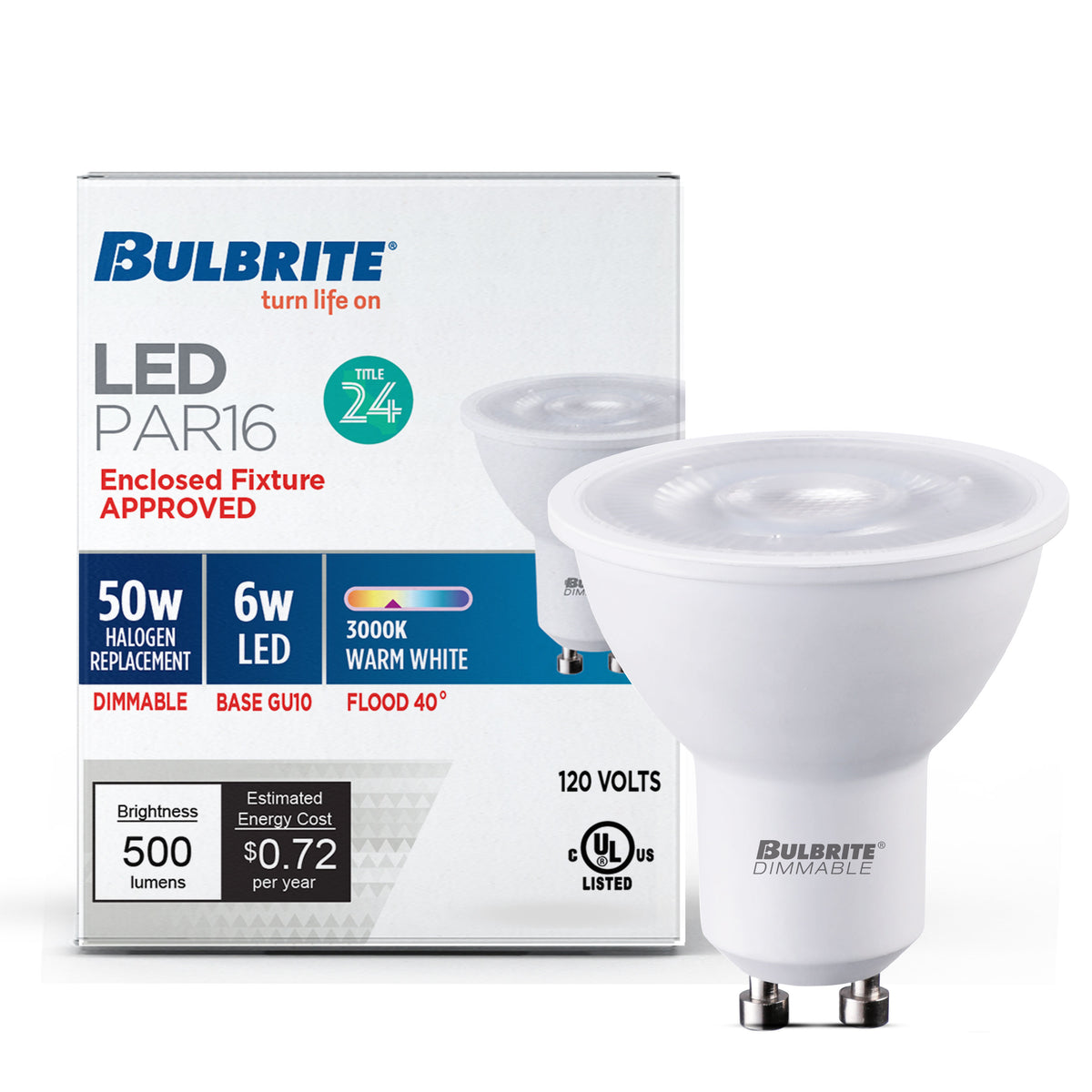 Bulbrite PAR16 LED Light Bulb, 6W, 50W Equivalent, 3000K, GU10 Base, White Finish, Dimmable, 4-Pack