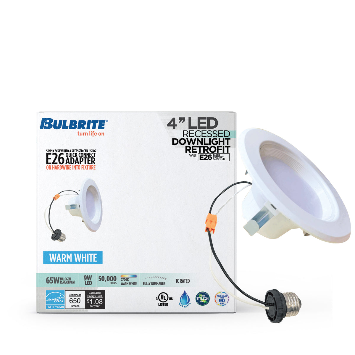 Bulbrite 4'' LED Retrofit Downlight, 9W, 65W Equivalent, 2700K, E26 Adapter Base, White Finish, Dimmable, 4-Pack
