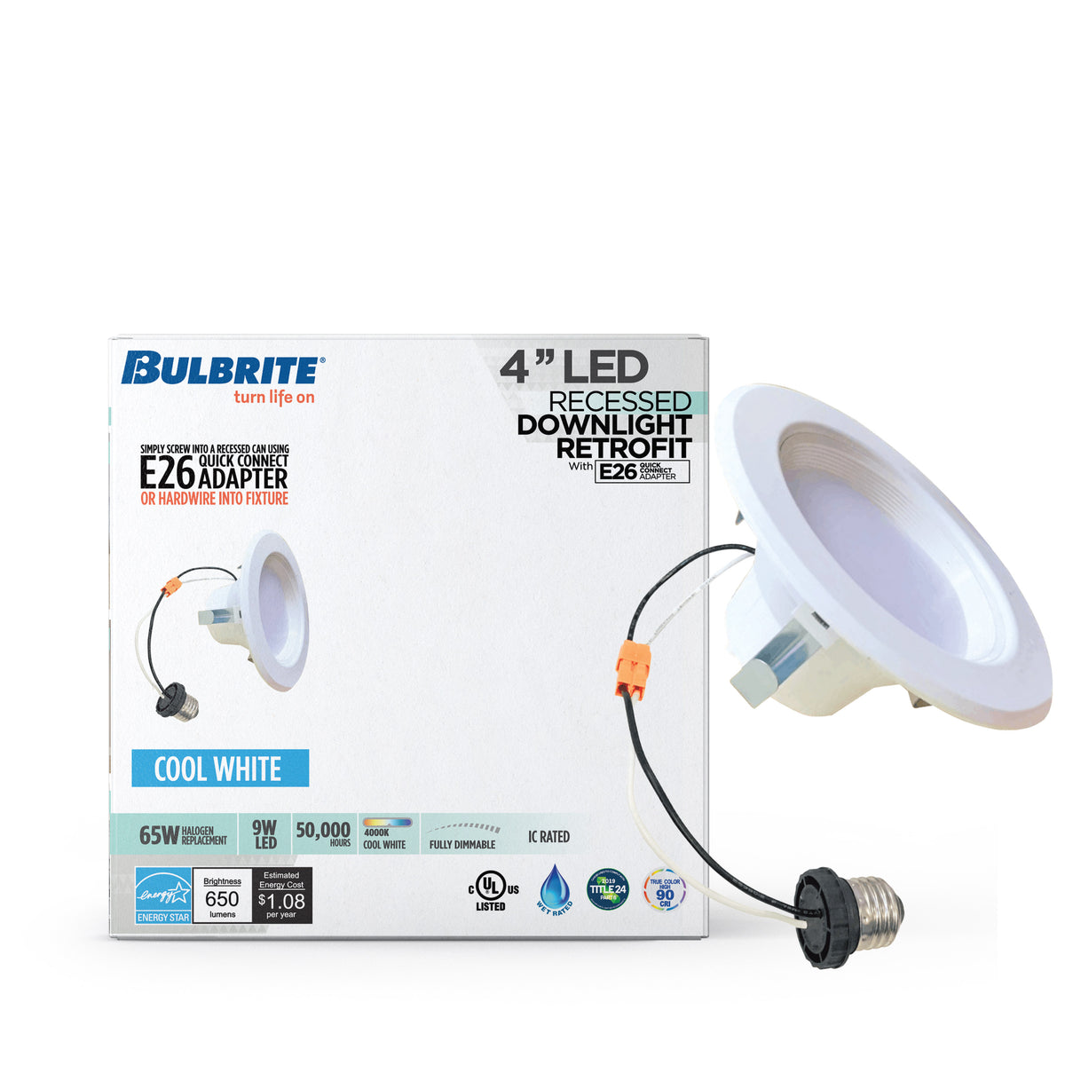 Bulbrite 4'' LED Retrofit Downlight, 9W, 65W Equivalent, 4000K, E26 Adapter Base, White Finish, Dimmable, 4-Pack