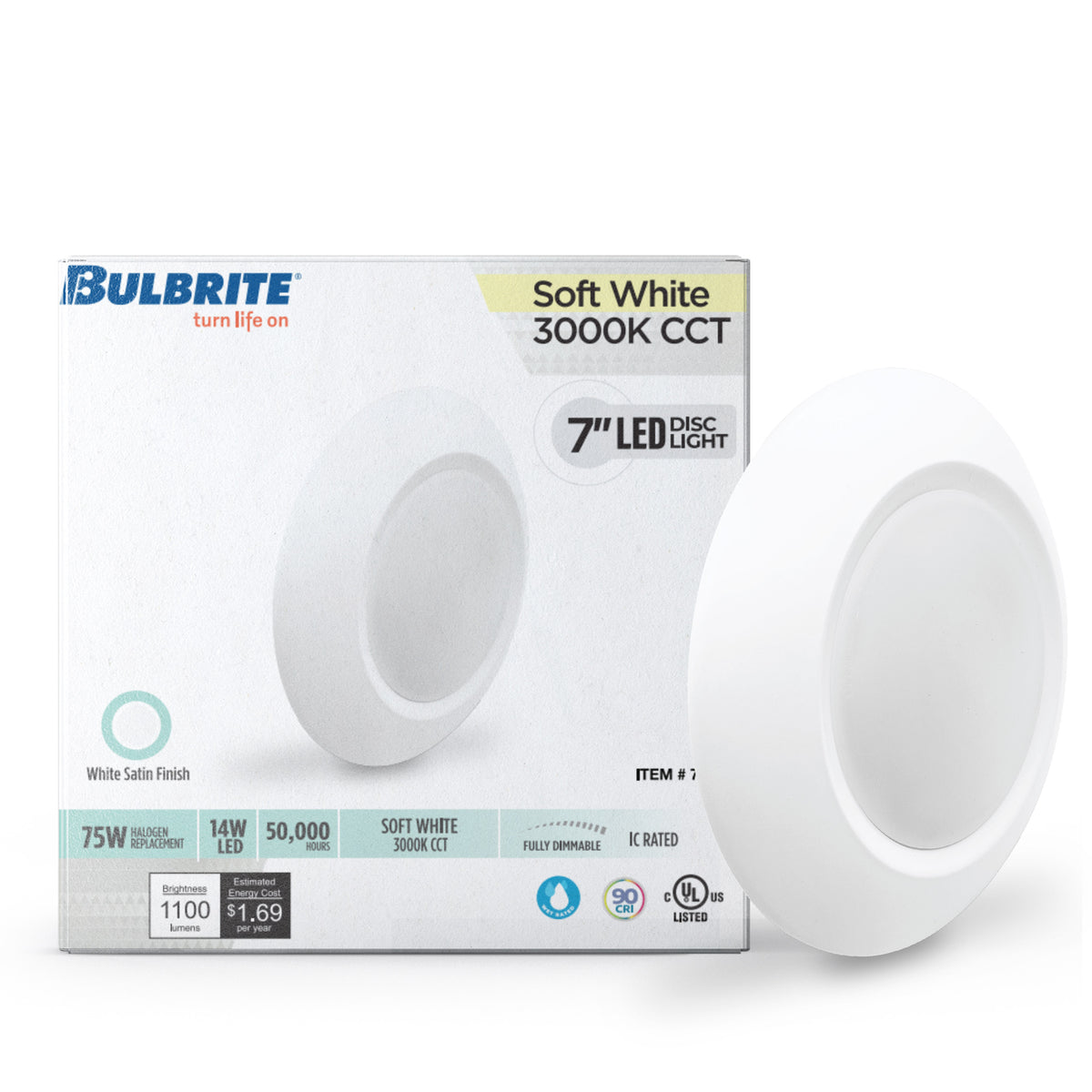 Bulbrite 7'' LED Disk Surface-Mount Light, 14W, 75W Equivalent, 3000K, E26 Adapter Base, White Finish, Dimmable, 14-Pack, 1100 Lumens