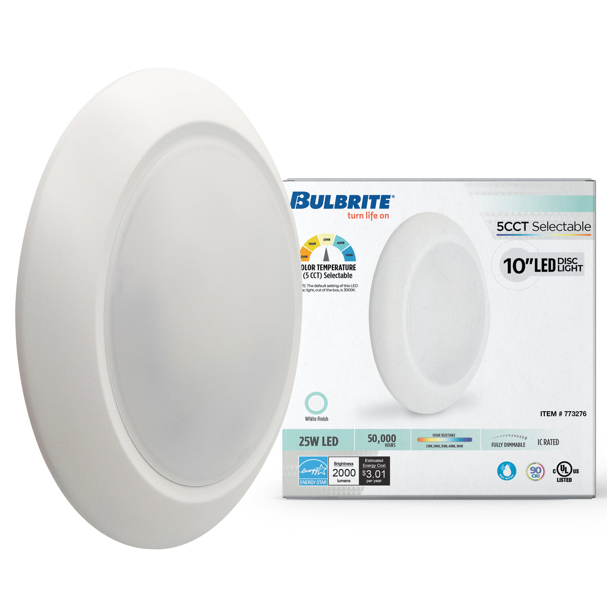 Bulbrite 25 – Watt LED 10" Disc, 5 CCT – 27/30/35/40/50K 2000 Lumens