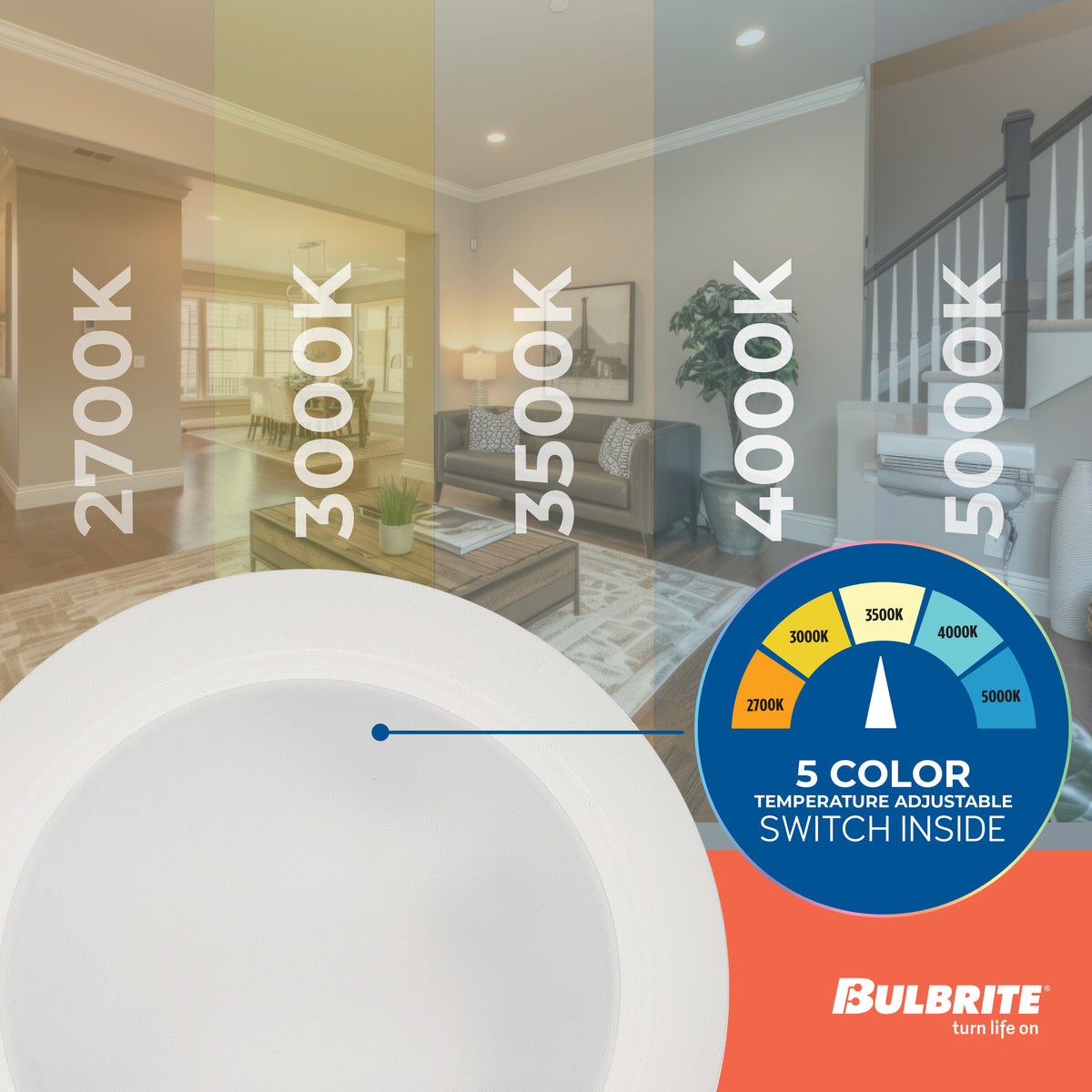 Bulbrite 25 – Watt LED 10" Disc, 5 CCT – 27/30/35/40/50K 2000 Lumens