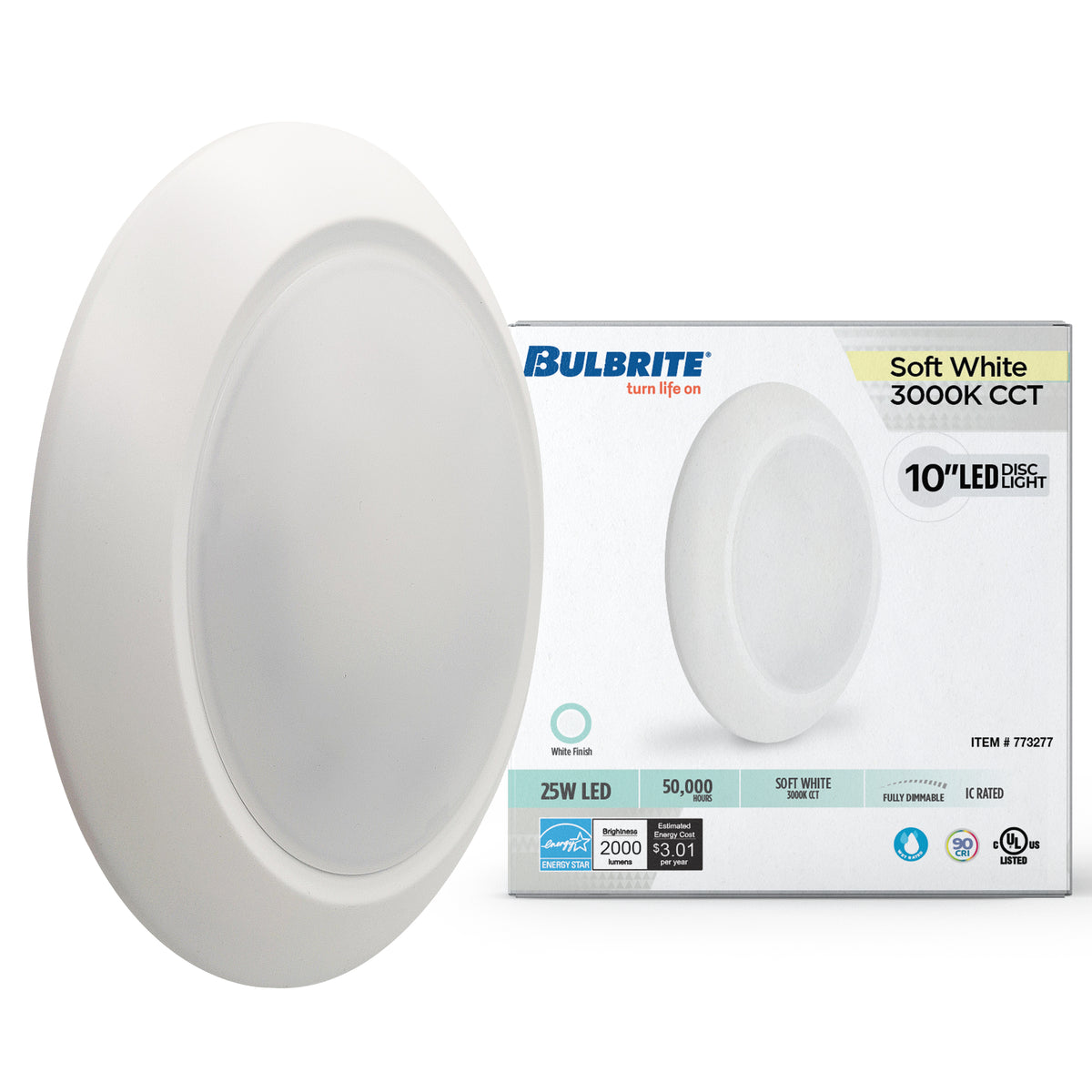 Bulbrite 25 – Watt LED 10" Disc, 3000K, 2000 Lumens, White Finish