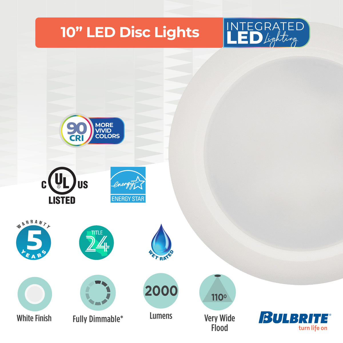 Bulbrite 25 – Watt LED 10" Disc, 3000K, 2000 Lumens, White Finish