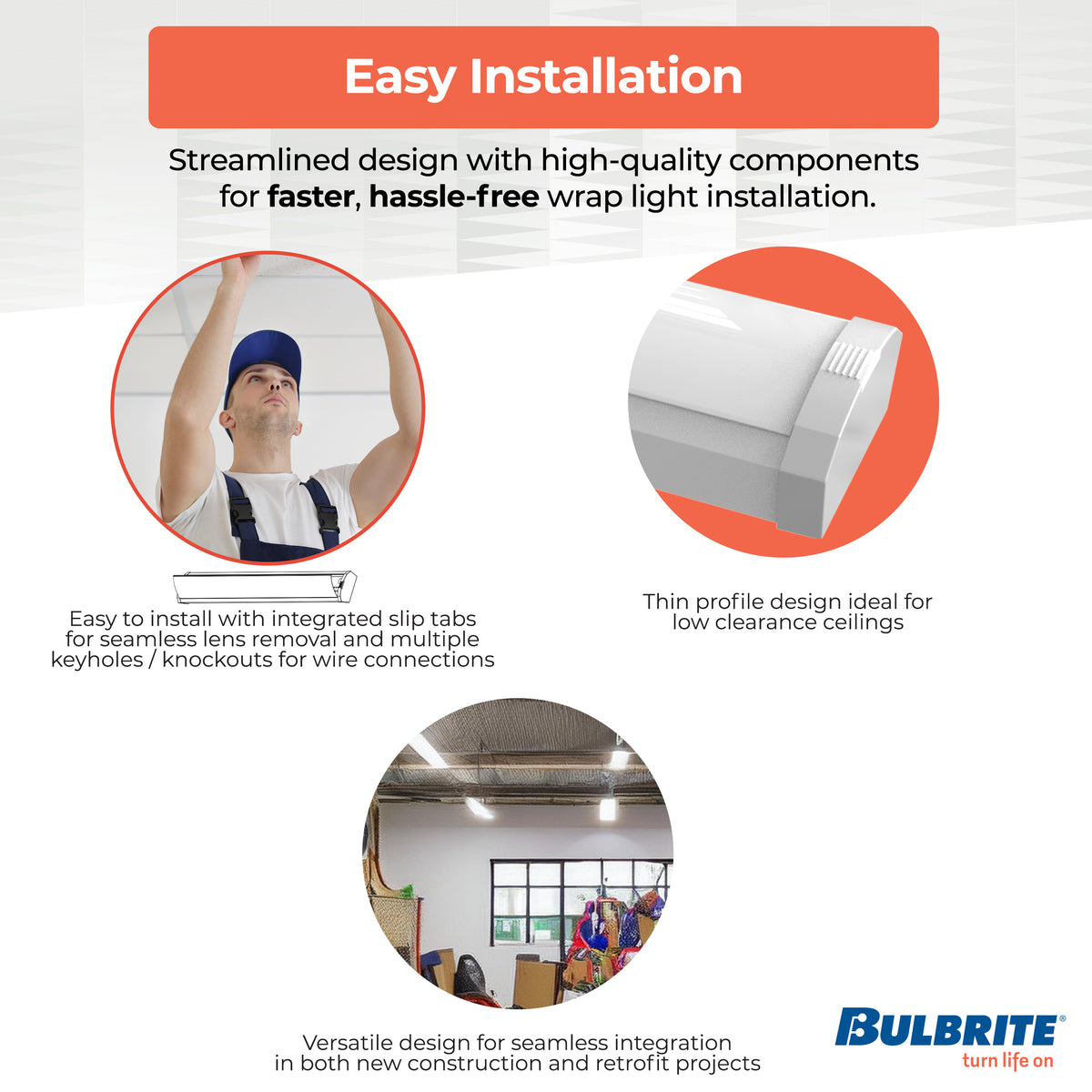 Bulbrite 48'' LED Wraparound Light, 46W, 3000K, Hard Wired, White Finish, Dimmable