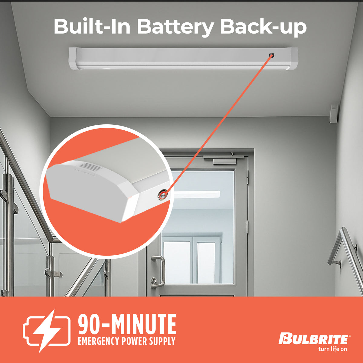 Bulbrite 24'' LED Wraparound Light, Battery Backup, 20W, 3000K, Hard Wired, White Finish, Dimmable