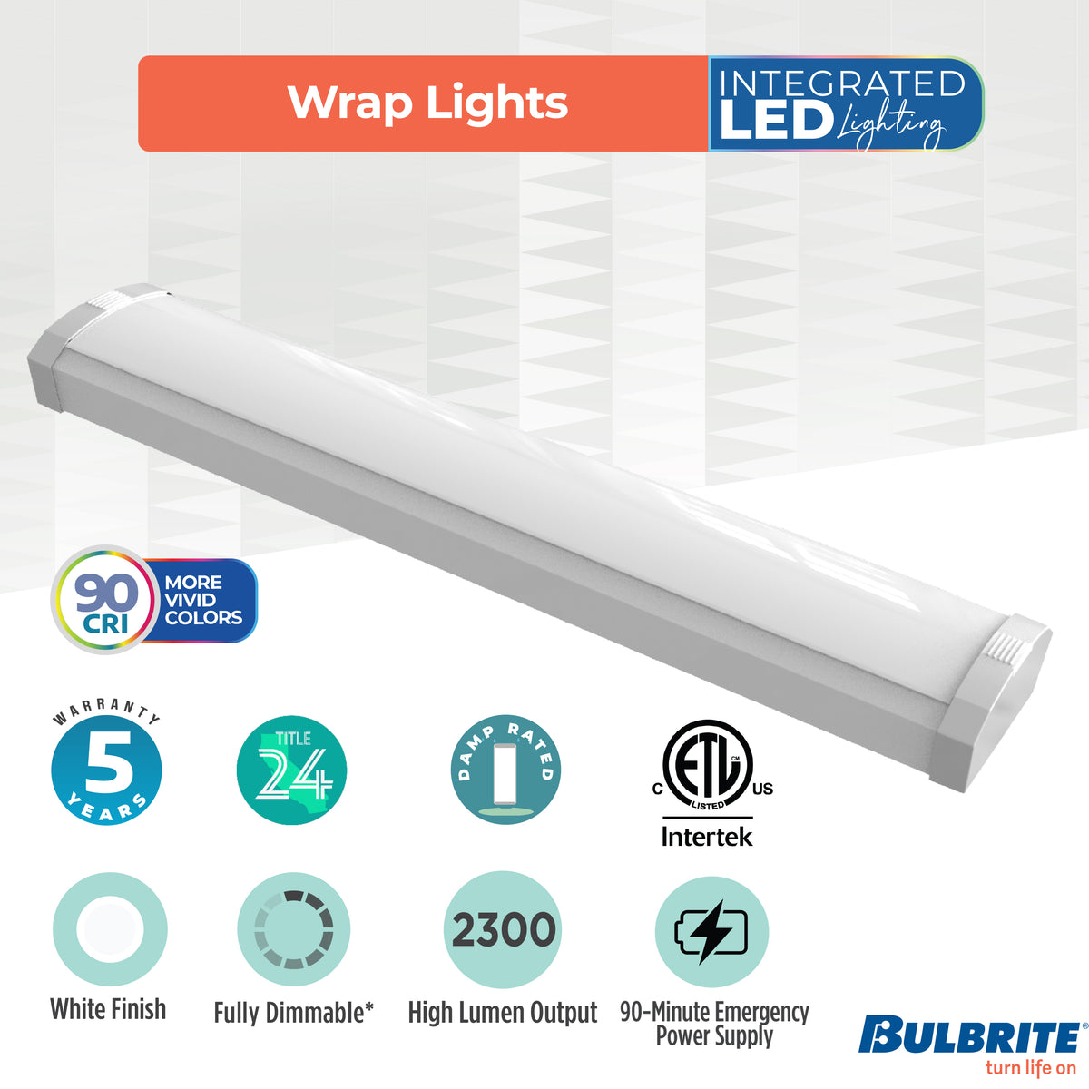 Bulbrite 24'' LED Wraparound Light, Battery Backup, Color Selectable, 20W, 2700K/3000K/3500K/4000K/5000K, Hard Wired, White Finish, Dimmable