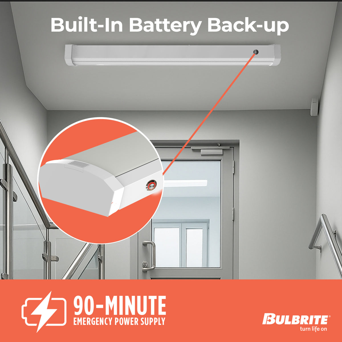 Bulbrite 48'' LED Wraparound Light, Battery Backup, 46W, 3000K, Hard Wired, White Finish, Dimmable