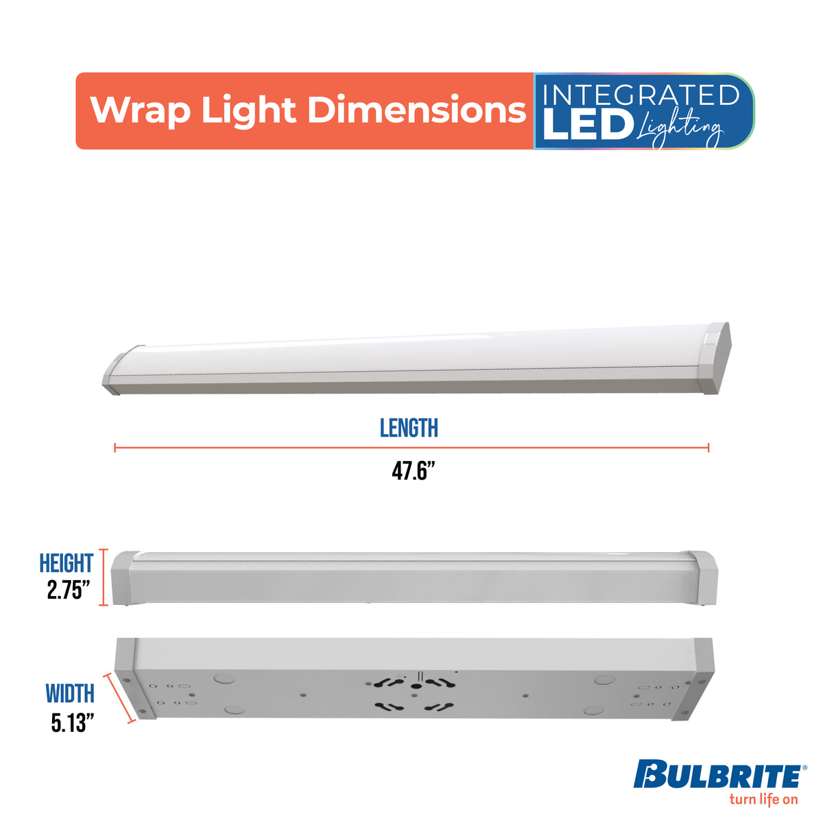 Bulbrite 48'' LED Wraparound Light, Battery Backup, Color Selectable, 46W, 2700K/3000K/3500K/4000K/5000K, Hard Wired, White Finish, Dimmable