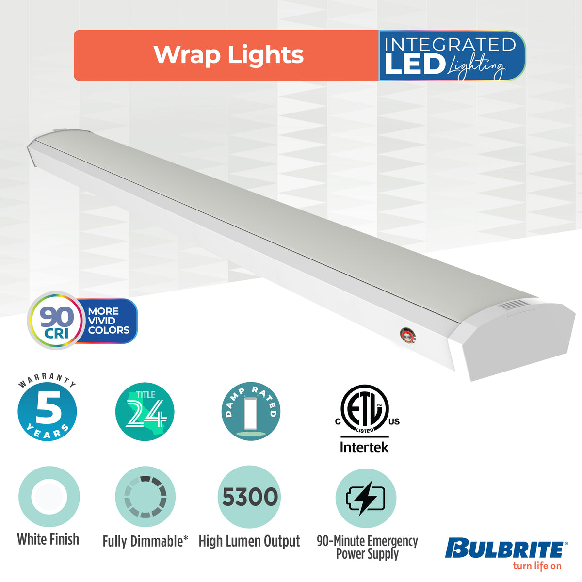 Bulbrite 48'' LED Wraparound Light, Battery Backup, Color Selectable, 46W, 2700K/3000K/3500K/4000K/5000K, Hard Wired, White Finish, Dimmable