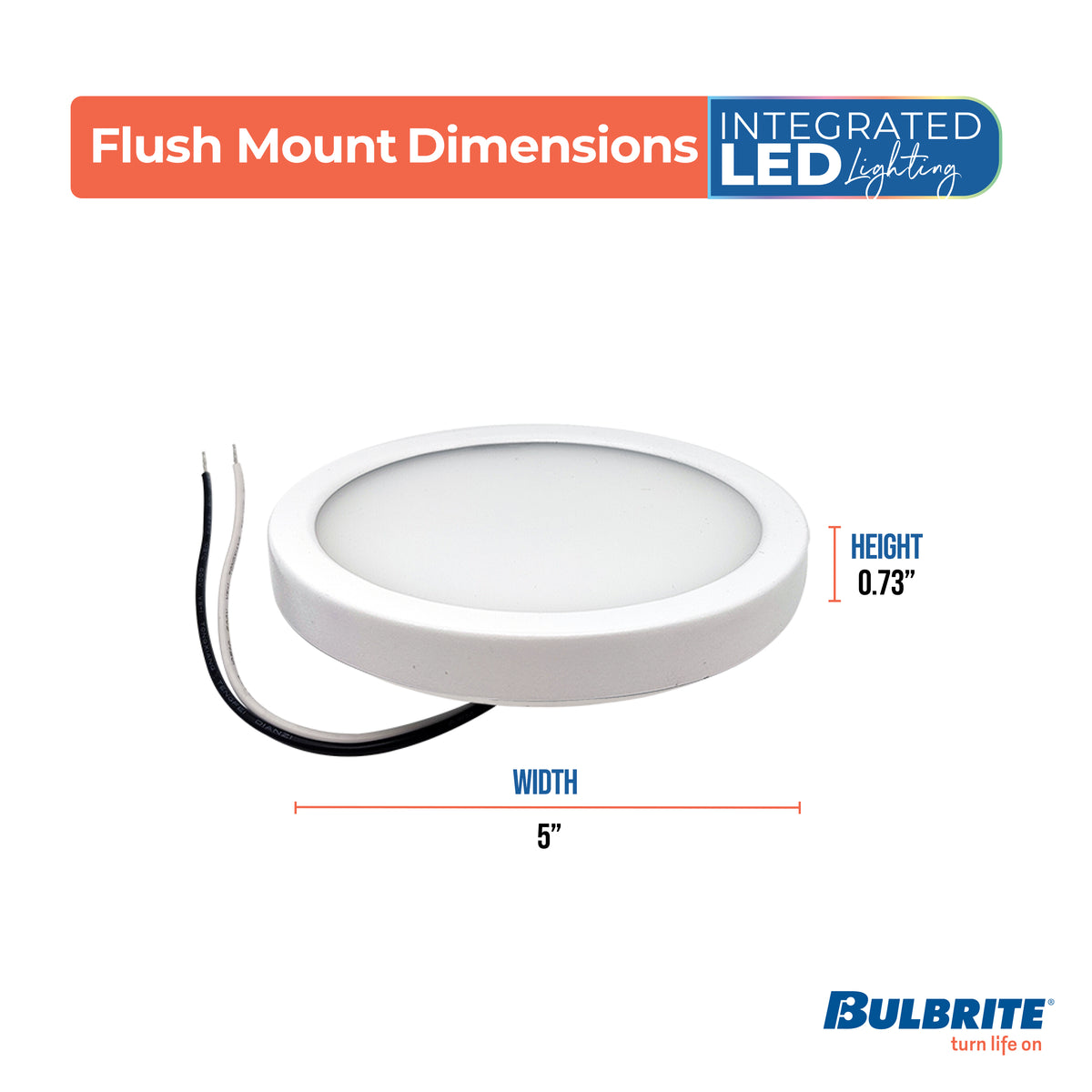 Bulbrite 5'' LED Flush Mount Light, 10.3W, 60W Equivalent, 3000K, E26 Adapter Base, White Finish, Dimmable