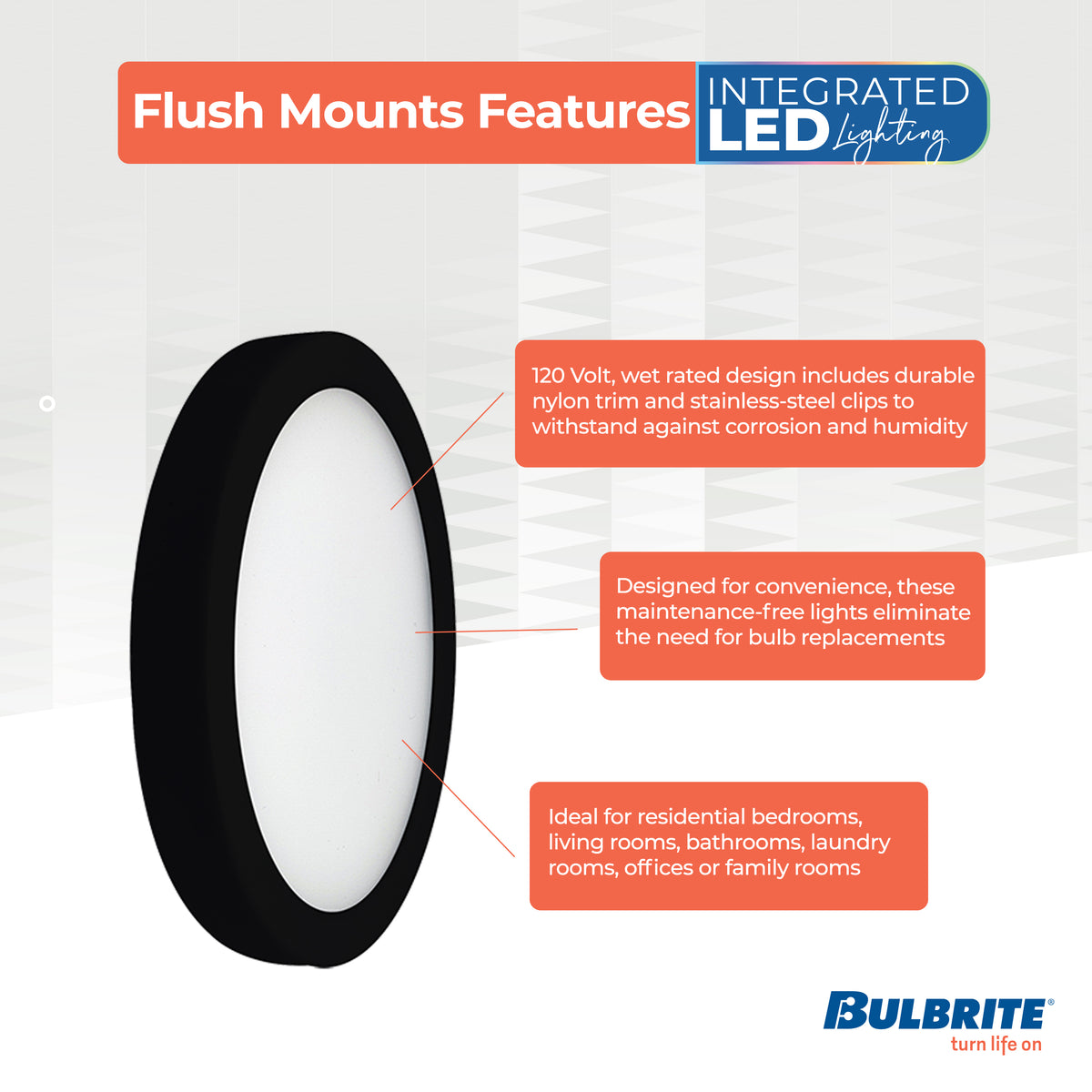 Bulbrite 5'' LED Flush Mount Light, 10.3W, 60W Equivalent, 3000K, E26 Adapter Base, Black Finish, Dimmable