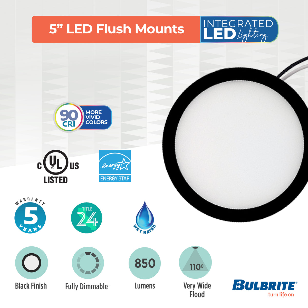 Bulbrite 5'' LED Flush Mount Light, 10.3W, 60W Equivalent, 3000K, E26 Adapter Base, Black Finish, Dimmable
