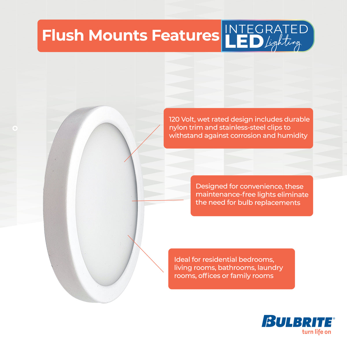 Bulbrite 5'' LED Flush Mount Light, Color Selectable, 10.3W, 60W Equivalent, 2700K/3000K/3500K/4000K/5000K, E26 Adapter Base, White Finish, Dimmable