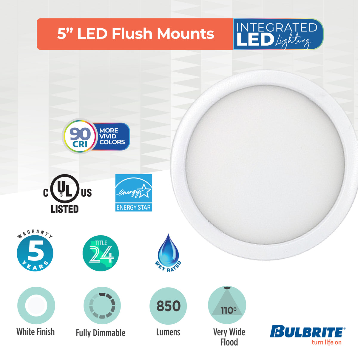 Bulbrite 5'' LED Flush Mount Light, Color Selectable, 10.3W, 60W Equivalent, 2700K/3000K/3500K/4000K/5000K, E26 Adapter Base, White Finish, Dimmable