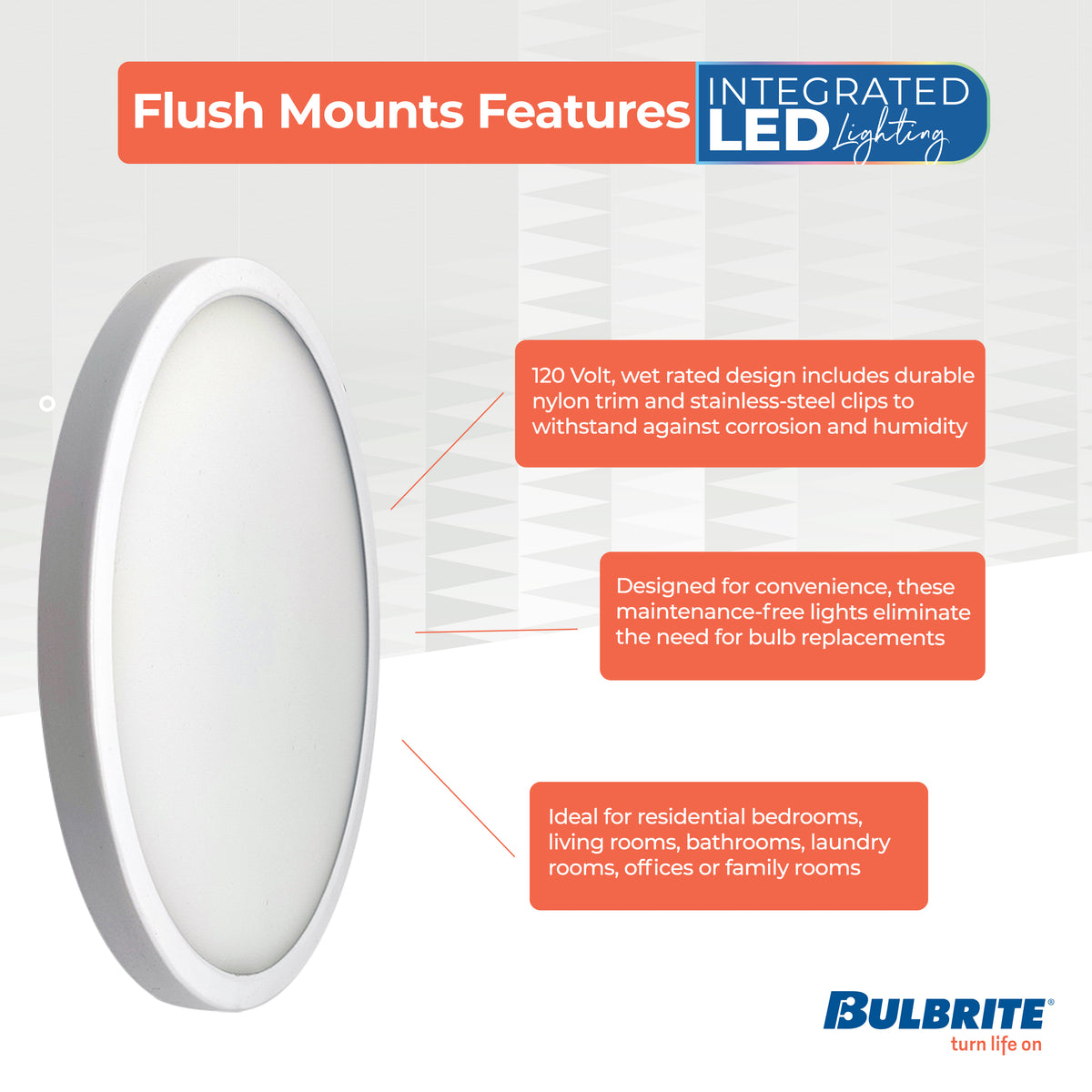 Bulbrite 7'' LED Flush Mount Light, 14W, 75W Equivalent, 3000K, E26 Adapter Base, White Finish, Dimmable