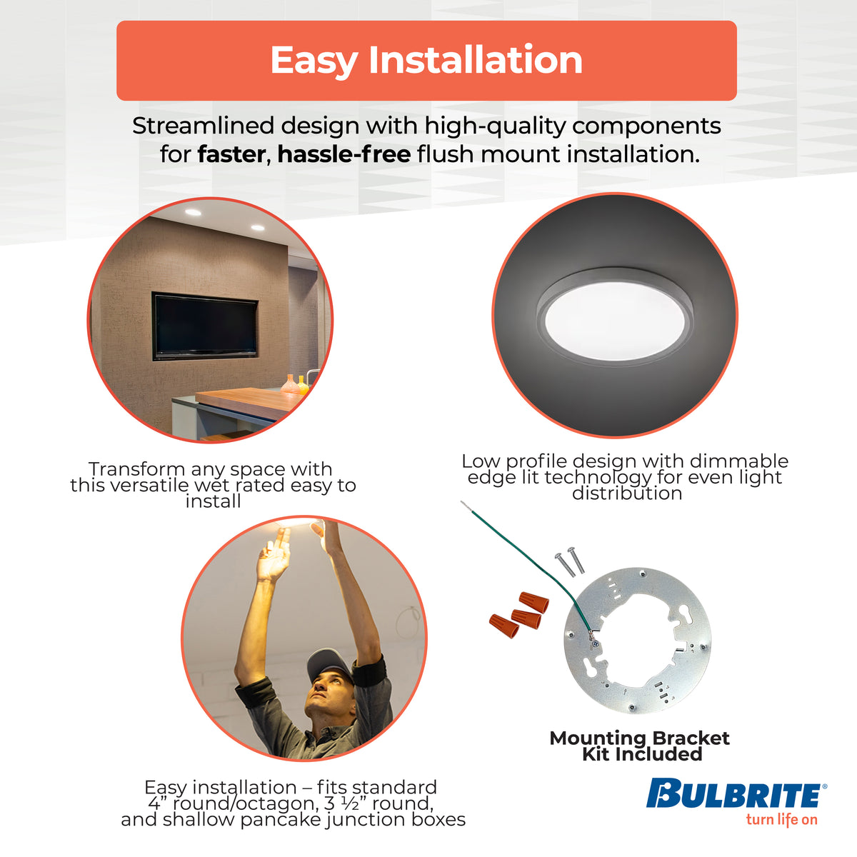 Bulbrite 7'' LED Flush Mount Light, 14W, 75W Equivalent, 3000K, E26 Adapter Base, White Finish, Dimmable