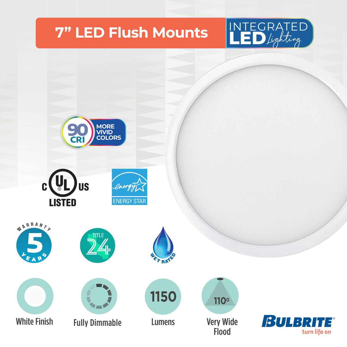 Bulbrite 7'' LED Flush Mount Light, 14W, 75W Equivalent, 3000K, E26 Adapter Base, White Finish, Dimmable