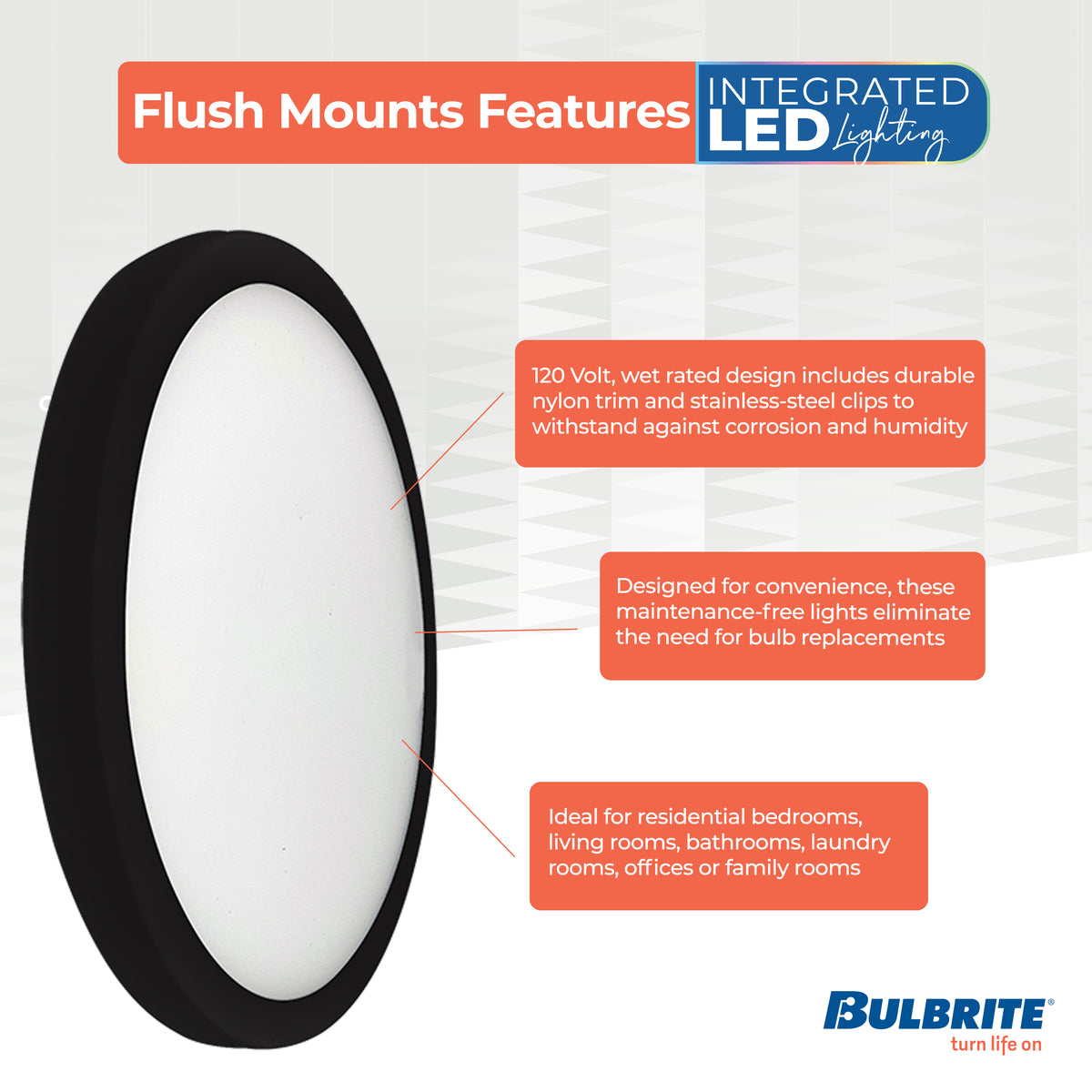 Bulbrite 7'' LED Flush Mount Light, 14W, 75W Equivalent, 3000K, E26 Adapter Base, Black Finish, Dimmable