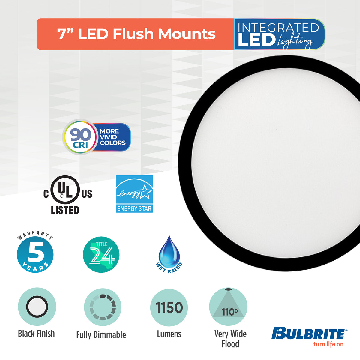 Bulbrite 7'' LED Flush Mount Light, 14W, 75W Equivalent, 3000K, E26 Adapter Base, Black Finish, Dimmable
