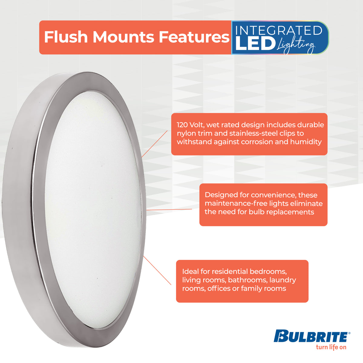 Bulbrite 7'' LED Flush Mount Light, 14W, 75W Equivalent, 3000K, E26 Adapter Base, Nickel Finish, Dimmable