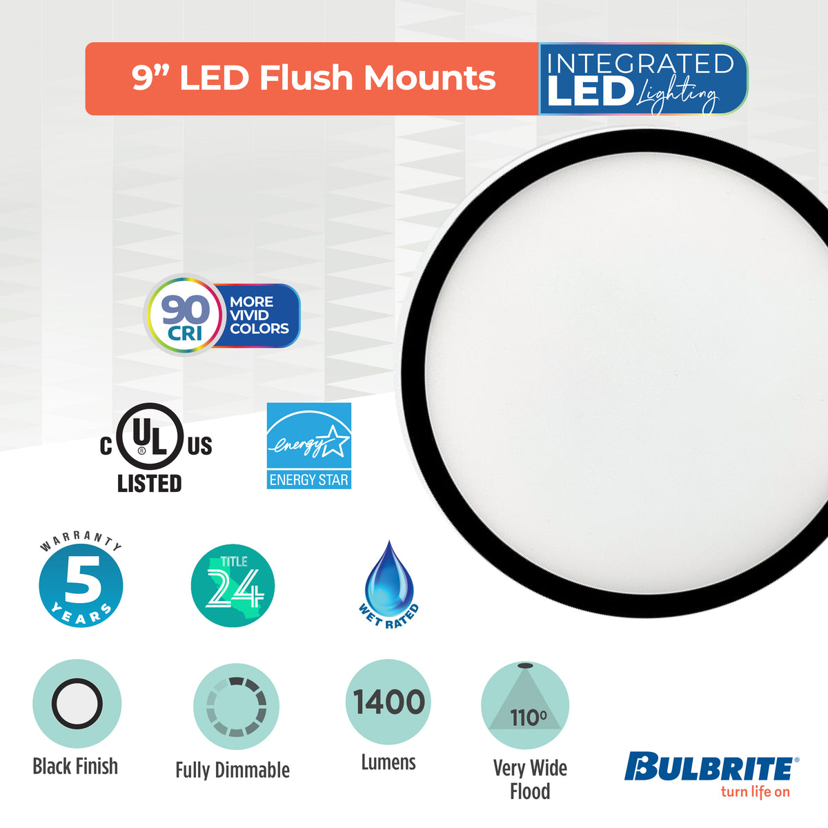 Bulbrite 9'' LED Flush Mount Light, 17W, 90W Equivalent, 3000K, E26 Adapter Base, Black Finish, Dimmable