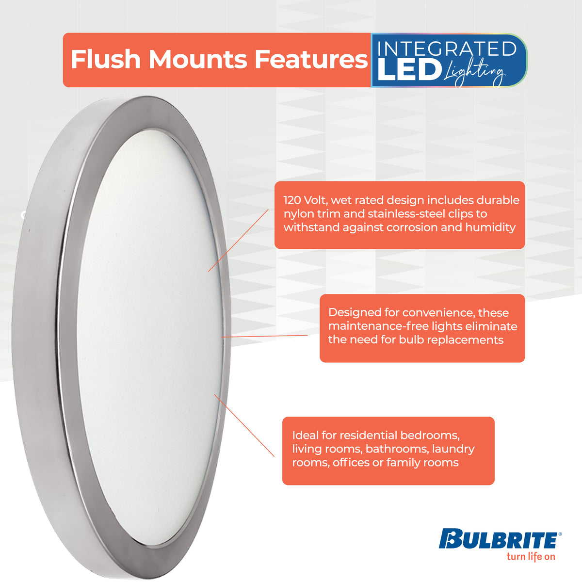 Bulbrite 9'' LED Flush Mount Light, 17W, 90W Equivalent, 3000K, E26 Adapter Base, Nickel Finish, Dimmable