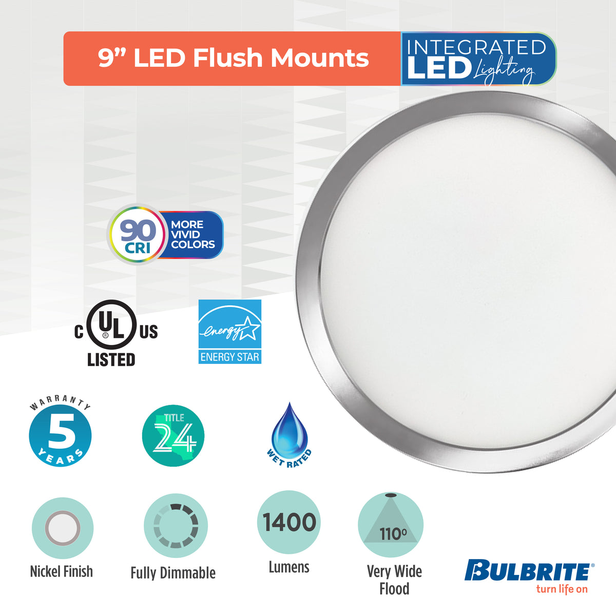 Bulbrite 9'' LED Flush Mount Light, 17W, 90W Equivalent, 3000K, E26 Adapter Base, Nickel Finish, Dimmable
