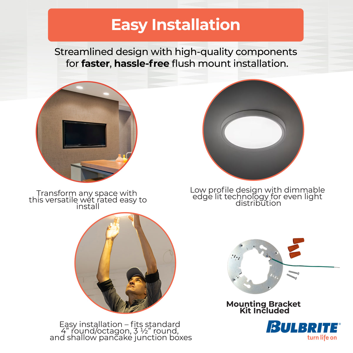 Bulbrite 9'' LED Flush Mount Light, Color Selectable, 17W, 90W Equivalent, 2700K/3000K/3500K/4000K/5000K, E26 Adapter Base, White Finish, Dimmable