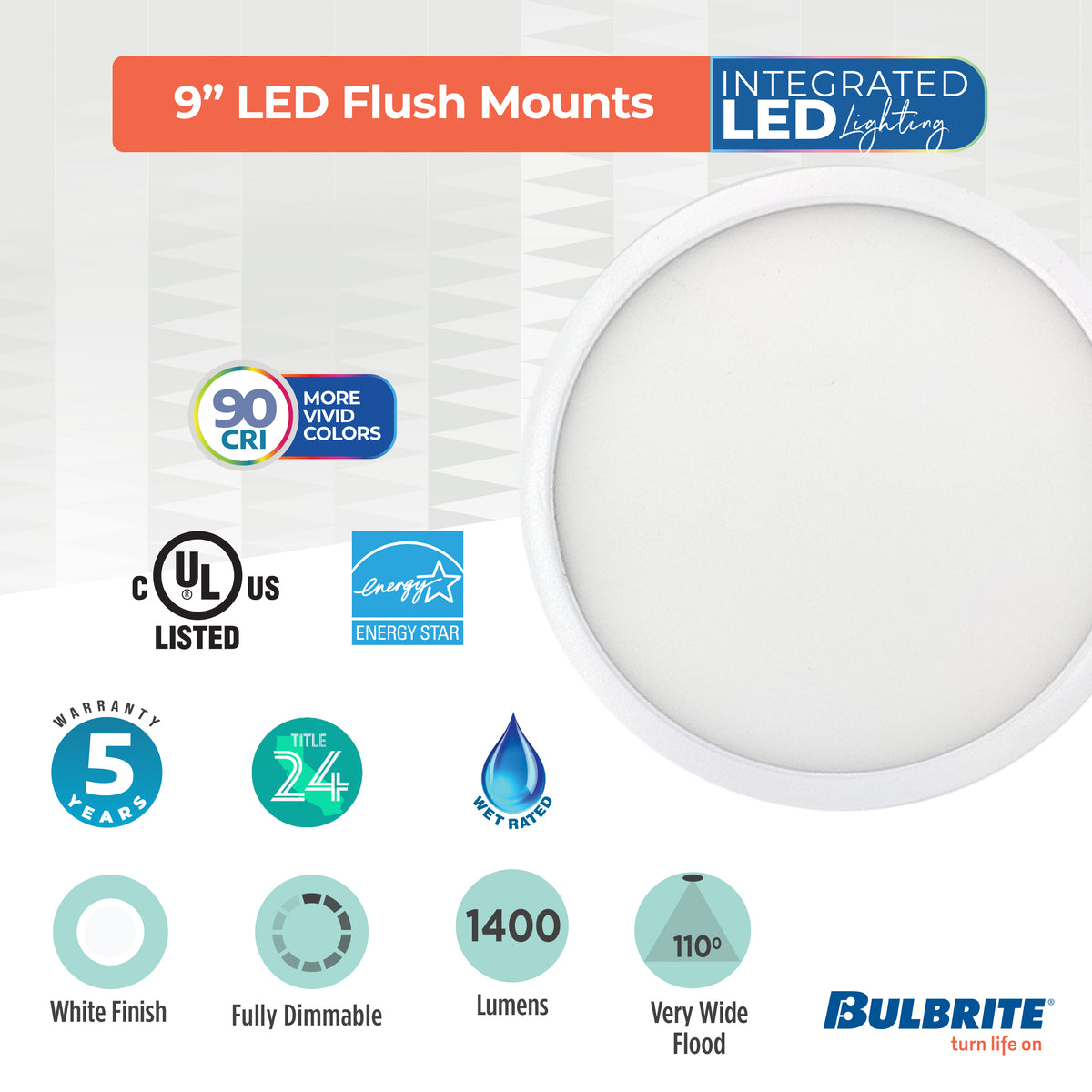 Bulbrite 9'' LED Flush Mount Light, Color Selectable, 17W, 90W Equivalent, 2700K/3000K/3500K/4000K/5000K, E26 Adapter Base, White Finish, Dimmable