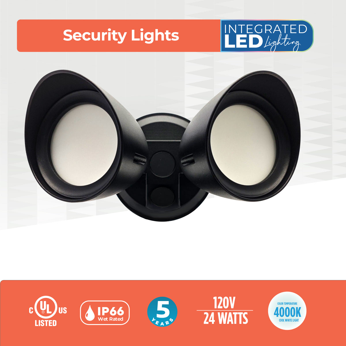 Bulbrite LED Security Flood Light, 24W, 120W Equivalent, 4000K, Hard Wired, Black Finish