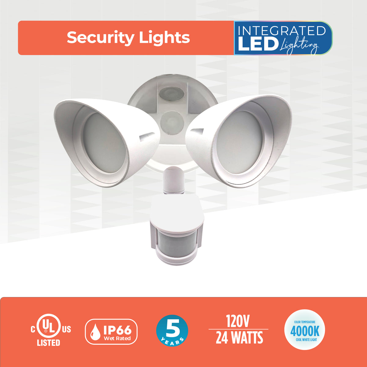 Bulbrite LED Security Flood Light, Motion Sensor + Dusk-to-Dawn, 24W, 120W Equivalent, 4000K, Hard Wired, White Finish