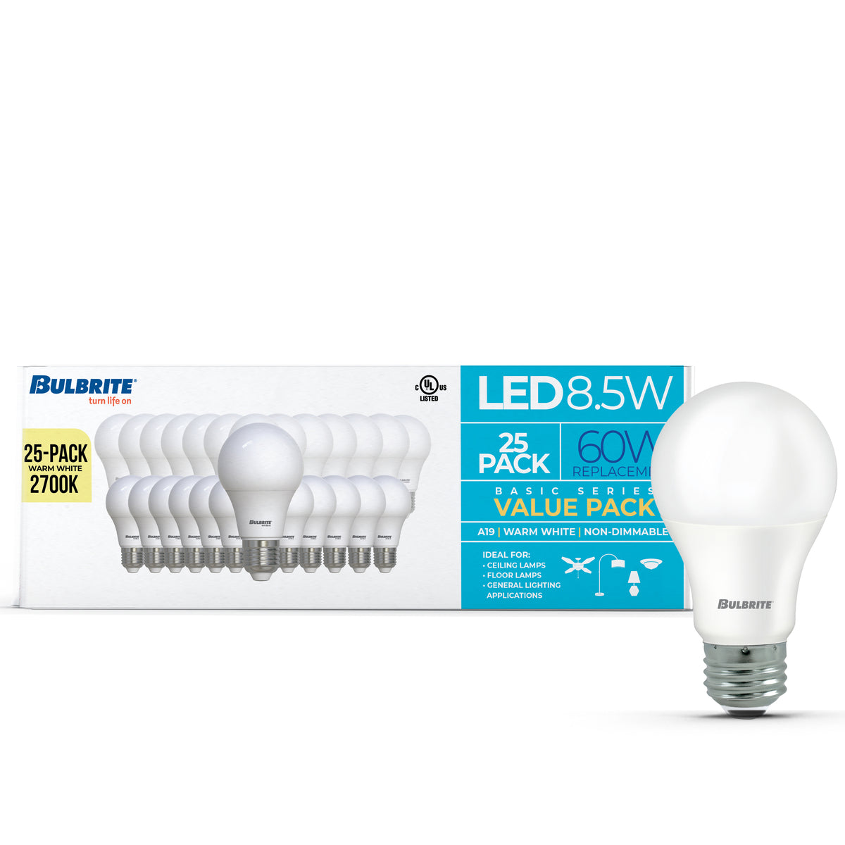 Bulbrite A19 Filament LED Light Bulb, 8.5W, 60W Equivalent, 2700K, E26 Base, Frost Finish, Dimmable, 25-Pack