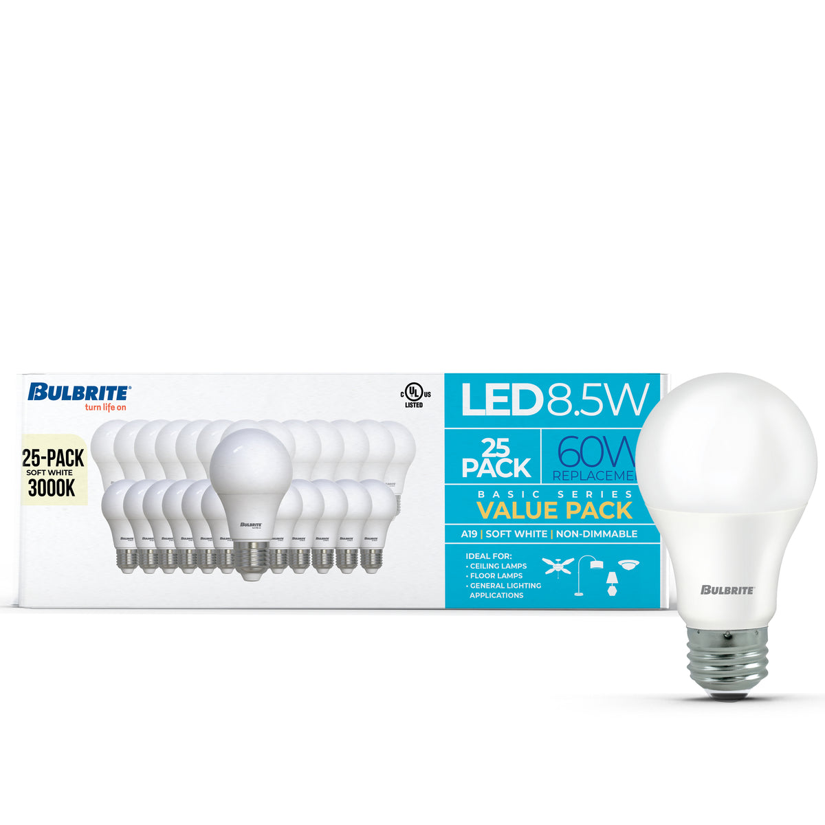 Bulbrite A19 Filament LED Light Bulb, 8.5W, 60W Equivalent, 3000K, E26 Base, Frost Finish, Dimmable, 25-Pack