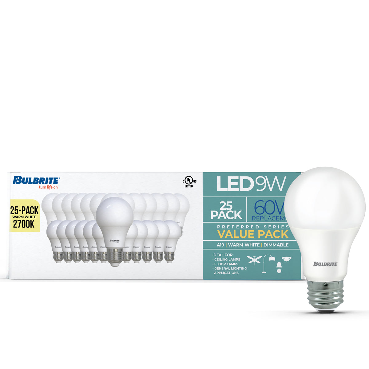 Bulbrite A19 Filament LED Light Bulb, 9W, 60W Equivalent, 2700K, E26 Base, Frost Finish, Dimmable, 25-Pack