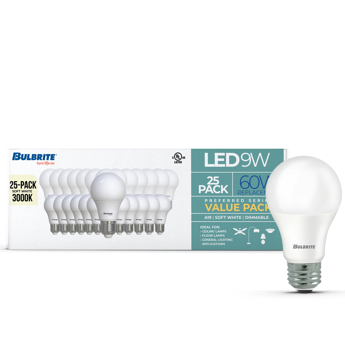 Bulbrite A19 Filament LED Light Bulb, 9W, 60W Equivalent, 3000K, E26 Base, Frost Finish, Dimmable, 25-Pack