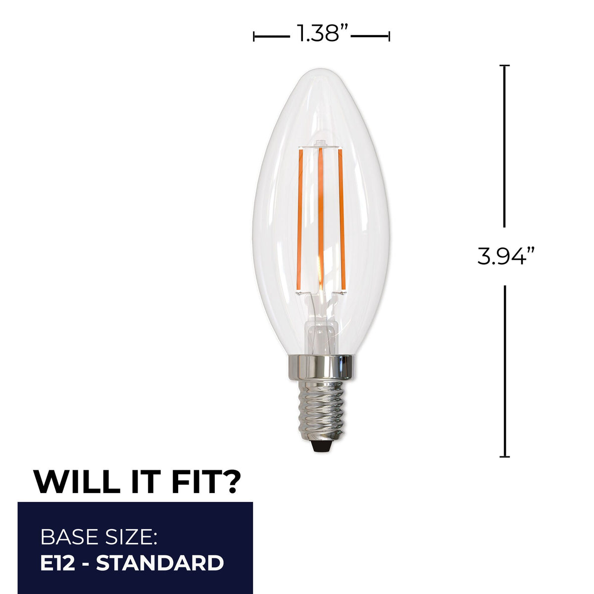 Bulbrite LED Filament 5W Dimmable B11 Light Bulb with Clear Glass Finish and E12 Candelabra Base – 2700K Warm White Light, 500 Lumens, 24-Pack